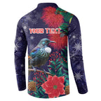 Tui Meri Kirihimete Personalised Button Sweatshirt Pohutukawa Flowers Blue Motif - Aussie Hoodie