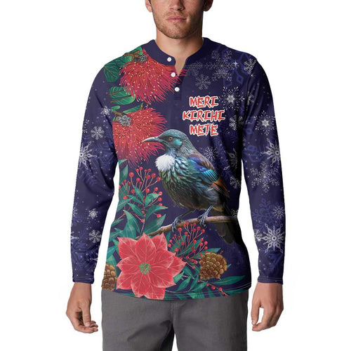 Tui Meri Kirihimete Personalised Button Sweatshirt Pohutukawa Flowers Blue Motif - Aussie Hoodie