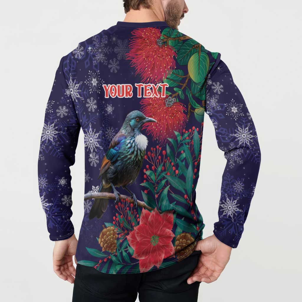 Tui Meri Kirihimete Personalised Button Sweatshirt Pohutukawa Flowers Blue Motif - Aussie Hoodie