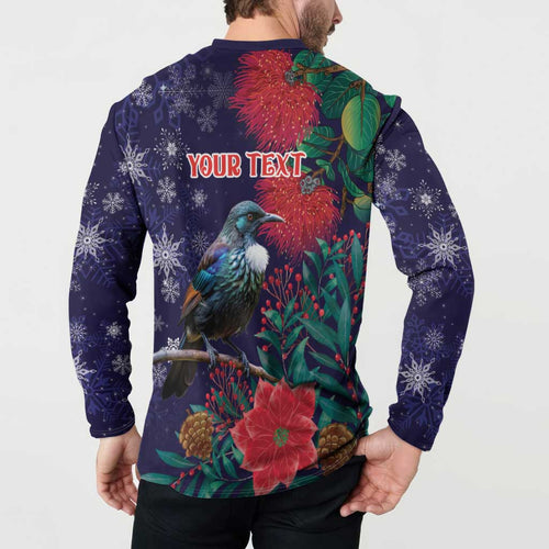 Tui Meri Kirihimete Personalised Button Sweatshirt Pohutukawa Flowers Blue Motif - Aussie Hoodie