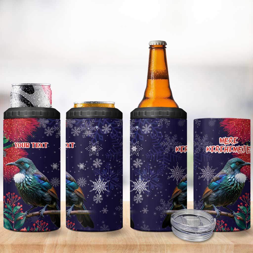Tui Meri Kirihimete Personalised 4 in 1 Can Cooler Tumbler Pohutukawa Flowers Blue Motif - Aussie Hoodie
