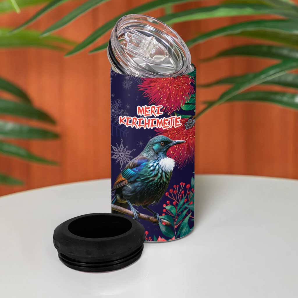 Tui Meri Kirihimete Personalised 4 in 1 Can Cooler Tumbler Pohutukawa Flowers Blue Motif - Aussie Hoodie