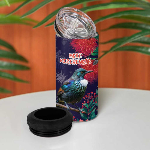 Tui Meri Kirihimete Personalised 4 in 1 Can Cooler Tumbler Pohutukawa Flowers Blue Motif - Aussie Hoodie