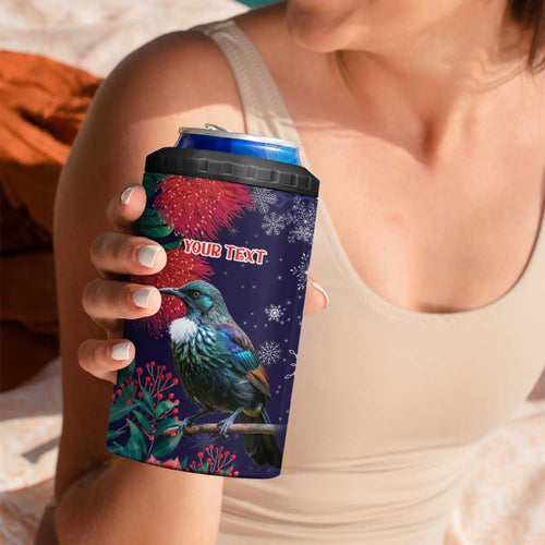Tui Meri Kirihimete Personalised 4 in 1 Can Cooler Tumbler Pohutukawa Flowers Blue Motif - Aussie Hoodie