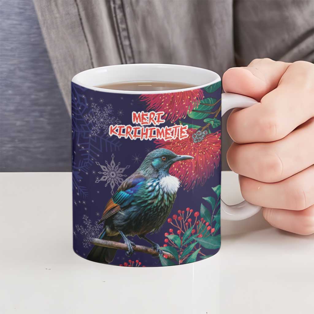 Tui Meri Kirihimete Personalised Ceramic Mug Pohutukawa Flowers Blue Motif - Aussie Hoodie