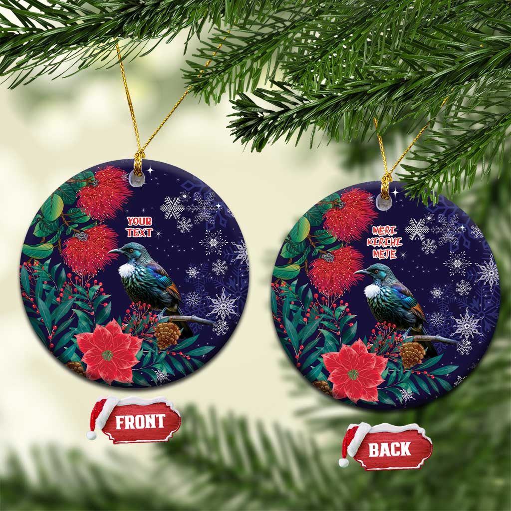 Tui Meri Kirihimete Personalised Ceramic Ornament Pohutukawa Flowers Blue Motif - Aussie Hoodie