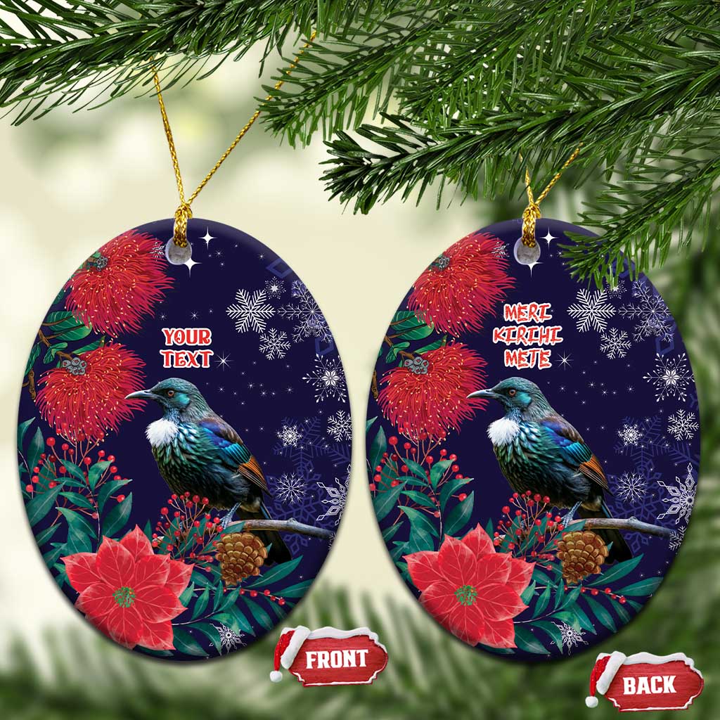 Tui Meri Kirihimete Personalised Ceramic Ornament Pohutukawa Flowers Blue Motif - Aussie Hoodie