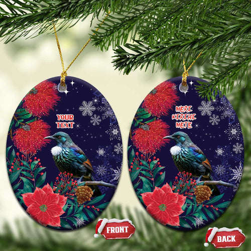 Tui Meri Kirihimete Personalised Ceramic Ornament Pohutukawa Flowers Blue Motif - Aussie Hoodie