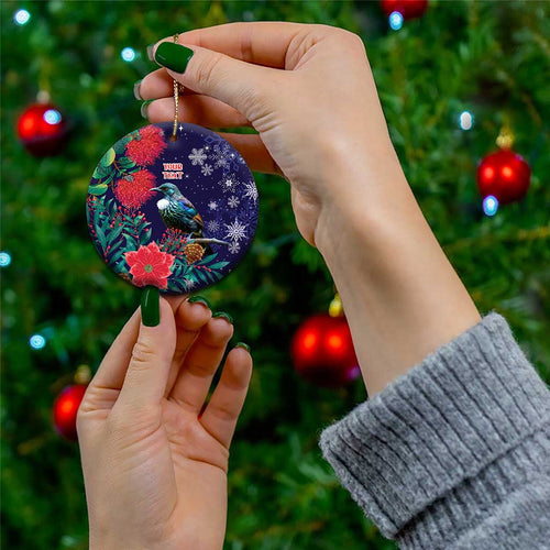 Tui Meri Kirihimete Personalised Ceramic Ornament Pohutukawa Flowers Blue Motif - Aussie Hoodie