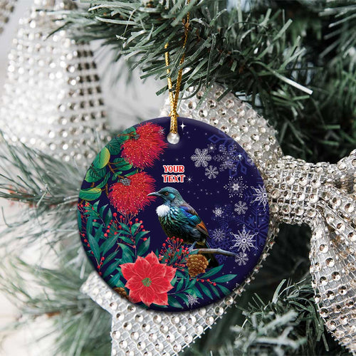 Tui Meri Kirihimete Personalised Ceramic Ornament Pohutukawa Flowers Blue Motif - Aussie Hoodie