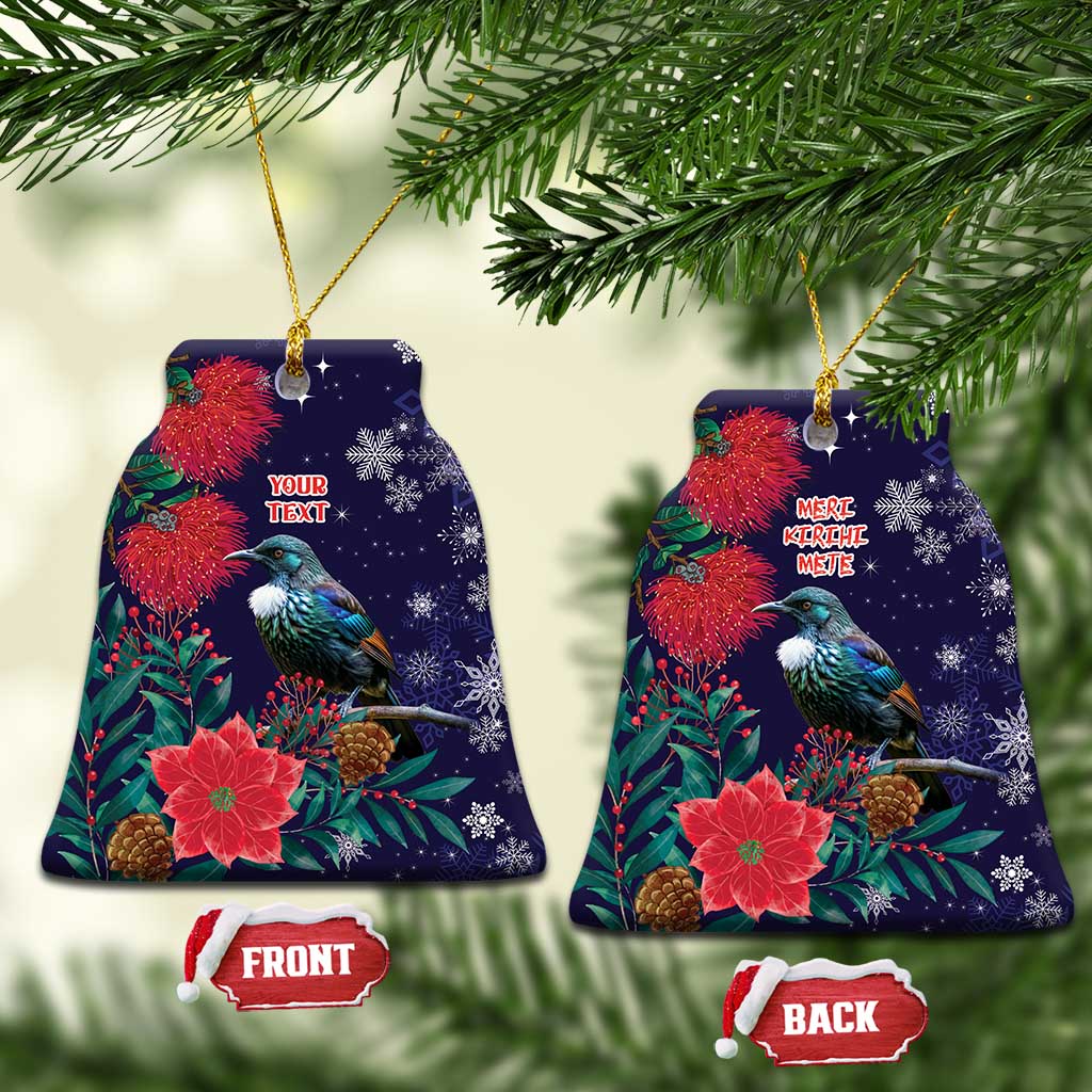 Tui Meri Kirihimete Personalised Ceramic Ornament Pohutukawa Flowers Blue Motif - Aussie Hoodie