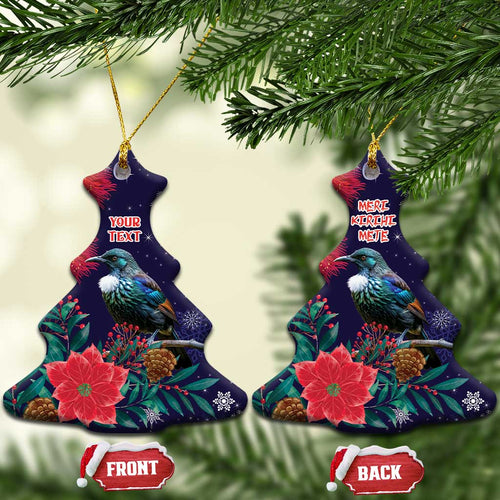 Tui Meri Kirihimete Personalised Ceramic Ornament Pohutukawa Flowers Blue Motif - Aussie Hoodie