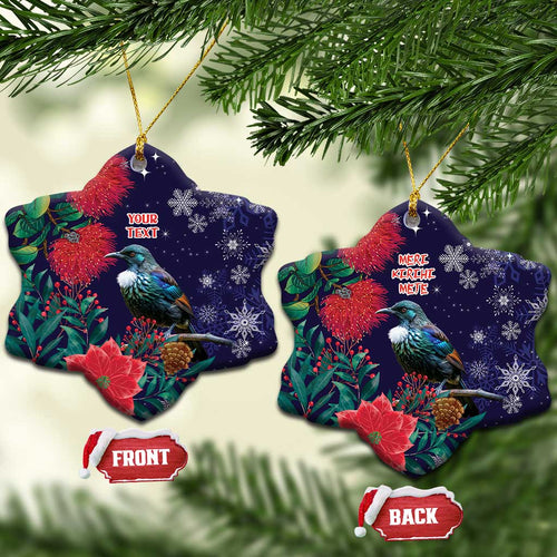 Tui Meri Kirihimete Personalised Ceramic Ornament Pohutukawa Flowers Blue Motif - Aussie Hoodie