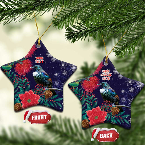Tui Meri Kirihimete Personalised Ceramic Ornament Pohutukawa Flowers Blue Motif - Aussie Hoodie