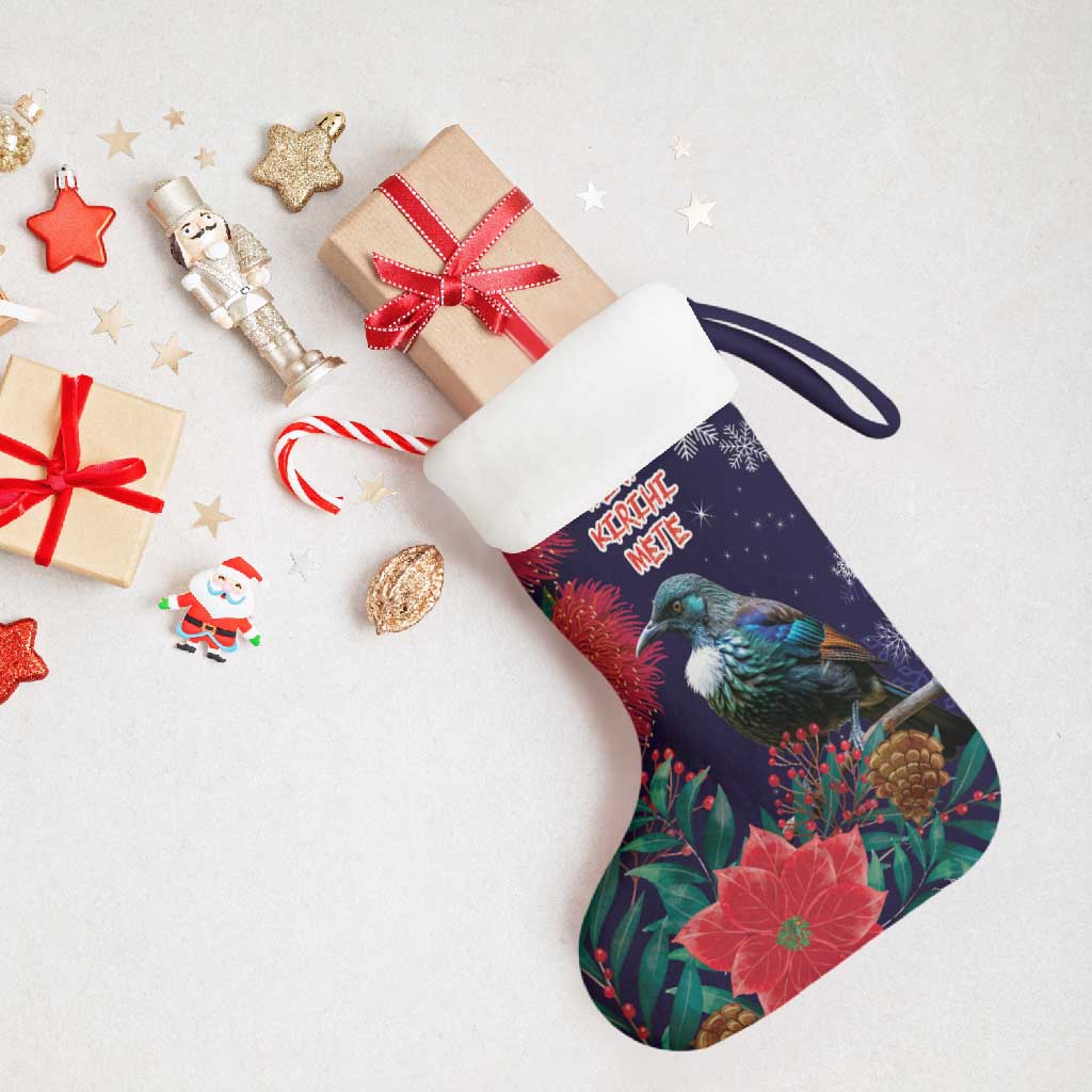 Tui Meri Kirihimete Personalised Christmas Stocking Pohutukawa Flowers Blue Motif - Aussie Hoodie
