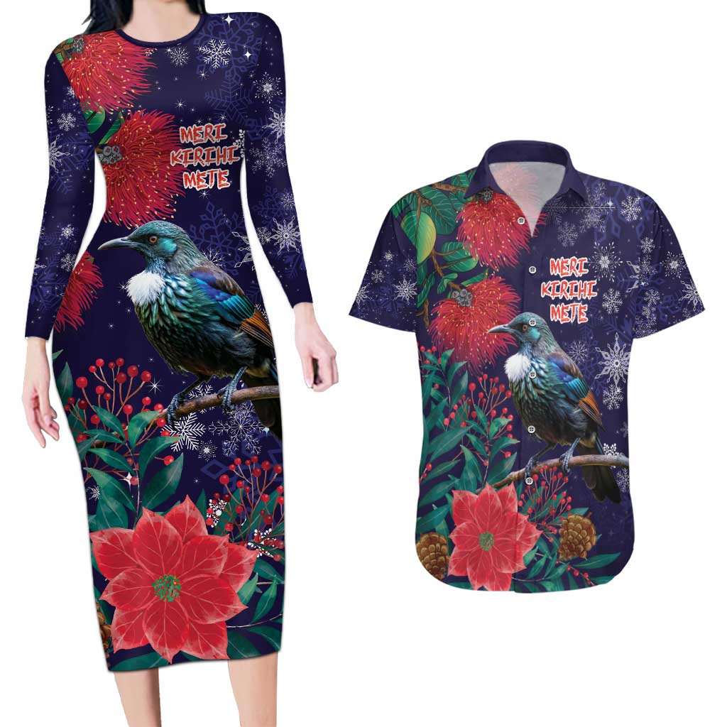 Tui Meri Kirihimete Personalised Couples Matching Long Sleeve Bodycon Dress and Hawaiian Shirt Pohutukawa Flowers Blue Motif - Aussie Hoodie