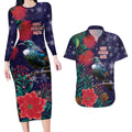 Tui Meri Kirihimete Personalised Couples Matching Long Sleeve Bodycon Dress and Hawaiian Shirt Pohutukawa Flowers Blue Motif - Aussie Hoodie