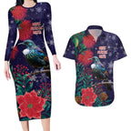 Tui Meri Kirihimete Personalised Couples Matching Long Sleeve Bodycon Dress and Hawaiian Shirt Pohutukawa Flowers Blue Motif - Aussie Hoodie