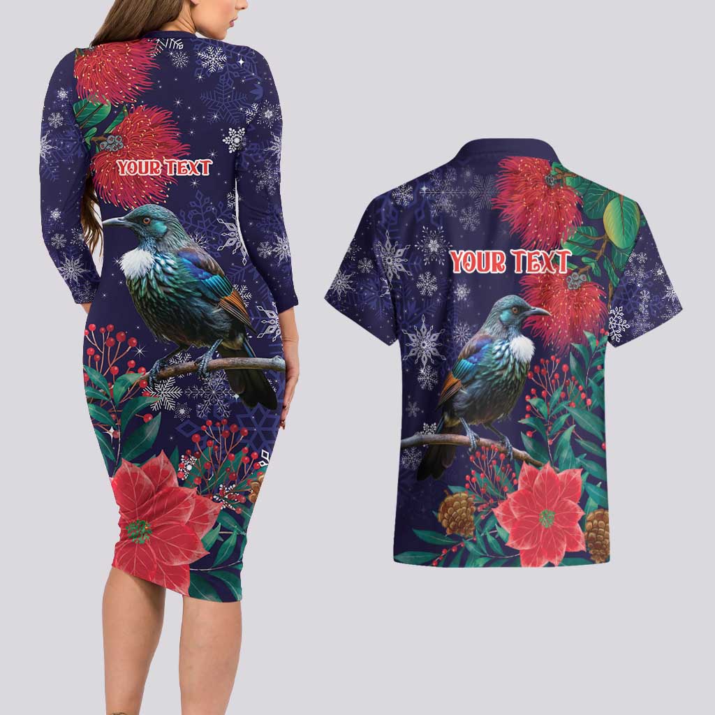 Tui Meri Kirihimete Personalised Couples Matching Long Sleeve Bodycon Dress and Hawaiian Shirt Pohutukawa Flowers Blue Motif - Aussie Hoodie