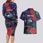 Tui Meri Kirihimete Personalised Couples Matching Long Sleeve Bodycon Dress and Hawaiian Shirt Pohutukawa Flowers Blue Motif - Aussie Hoodie
