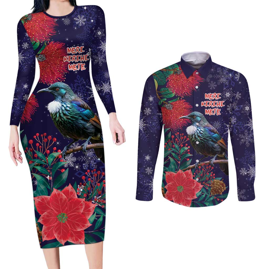 Tui Meri Kirihimete Personalised Couples Matching Long Sleeve Bodycon Dress and Long Sleeve Button Shirt Pohutukawa Flowers Blue Motif - Aussie Hoodie