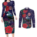 Tui Meri Kirihimete Personalised Couples Matching Long Sleeve Bodycon Dress and Long Sleeve Button Shirt Pohutukawa Flowers Blue Motif - Aussie Hoodie