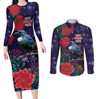 Tui Meri Kirihimete Personalised Couples Matching Long Sleeve Bodycon Dress and Long Sleeve Button Shirt Pohutukawa Flowers Blue Motif - Aussie Hoodie