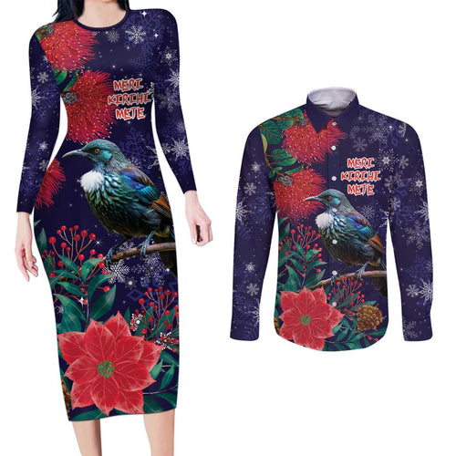 Tui Meri Kirihimete Personalised Couples Matching Long Sleeve Bodycon Dress and Long Sleeve Button Shirt Pohutukawa Flowers Blue Motif - Aussie Hoodie