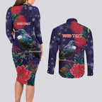 Tui Meri Kirihimete Personalised Couples Matching Long Sleeve Bodycon Dress and Long Sleeve Button Shirt Pohutukawa Flowers Blue Motif - Aussie Hoodie