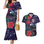 Tui Meri Kirihimete Personalised Couples Matching Mermaid Dress and Hawaiian Shirt Pohutukawa Flowers Blue Motif - Aussie Hoodie
