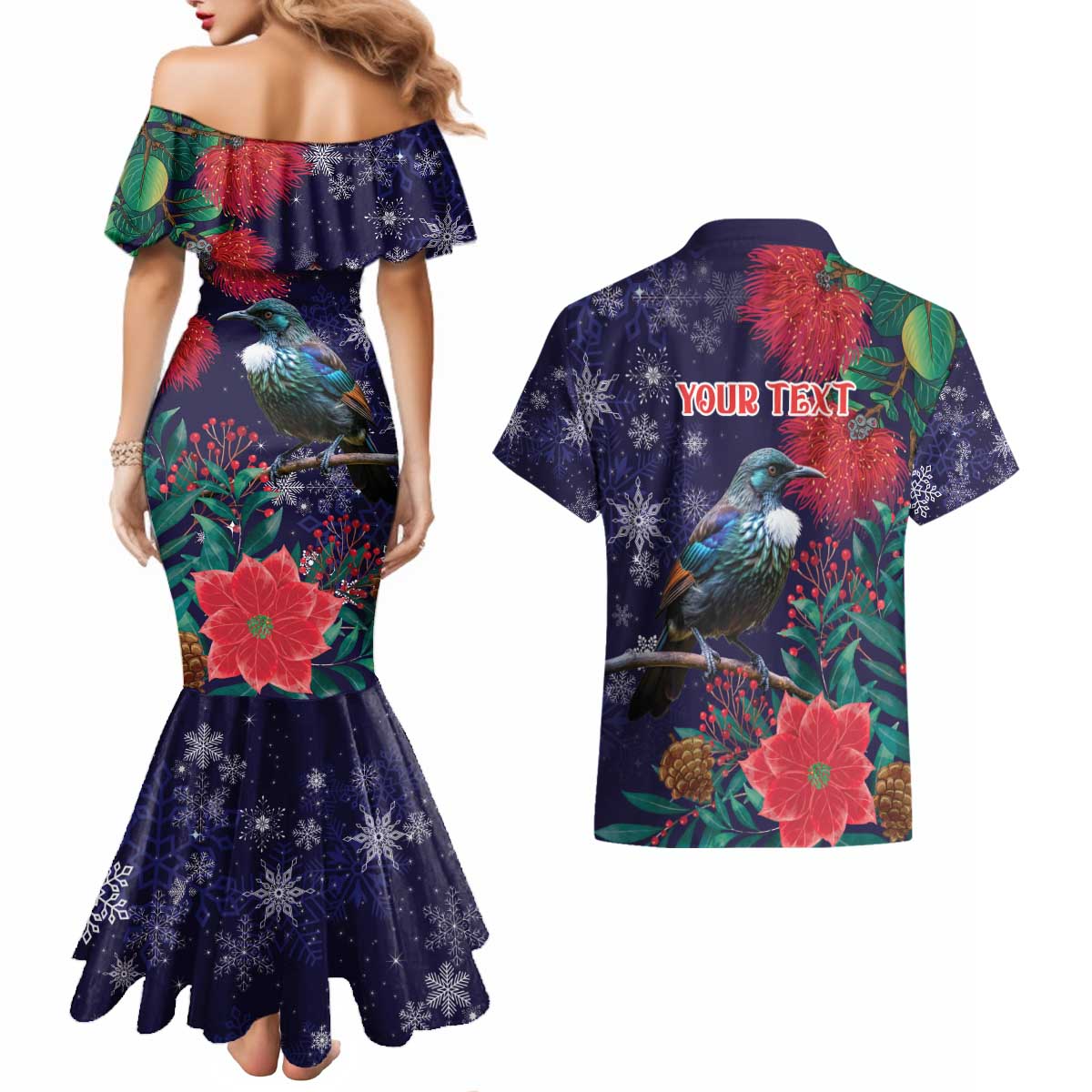 Tui Meri Kirihimete Personalised Couples Matching Mermaid Dress and Hawaiian Shirt Pohutukawa Flowers Blue Motif - Aussie Hoodie