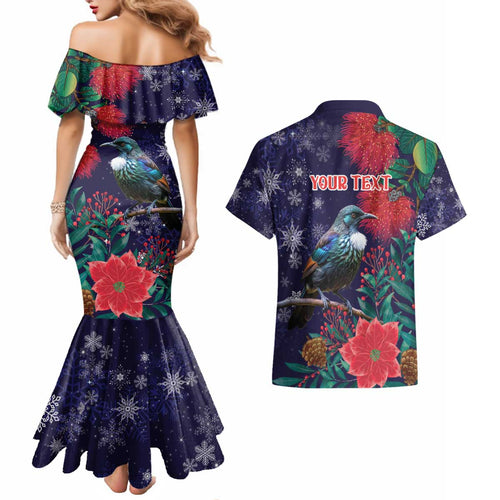 Tui Meri Kirihimete Personalised Couples Matching Mermaid Dress and Hawaiian Shirt Pohutukawa Flowers Blue Motif - Aussie Hoodie