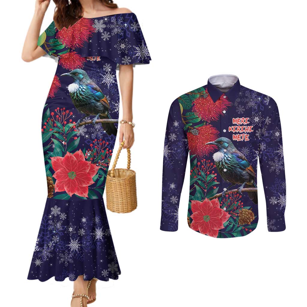 Tui Meri Kirihimete Personalised Couples Matching Mermaid Dress and Long Sleeve Button Shirt Pohutukawa Flowers Blue Motif - Aussie Hoodie