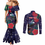 Tui Meri Kirihimete Personalised Couples Matching Mermaid Dress and Long Sleeve Button Shirt Pohutukawa Flowers Blue Motif - Aussie Hoodie
