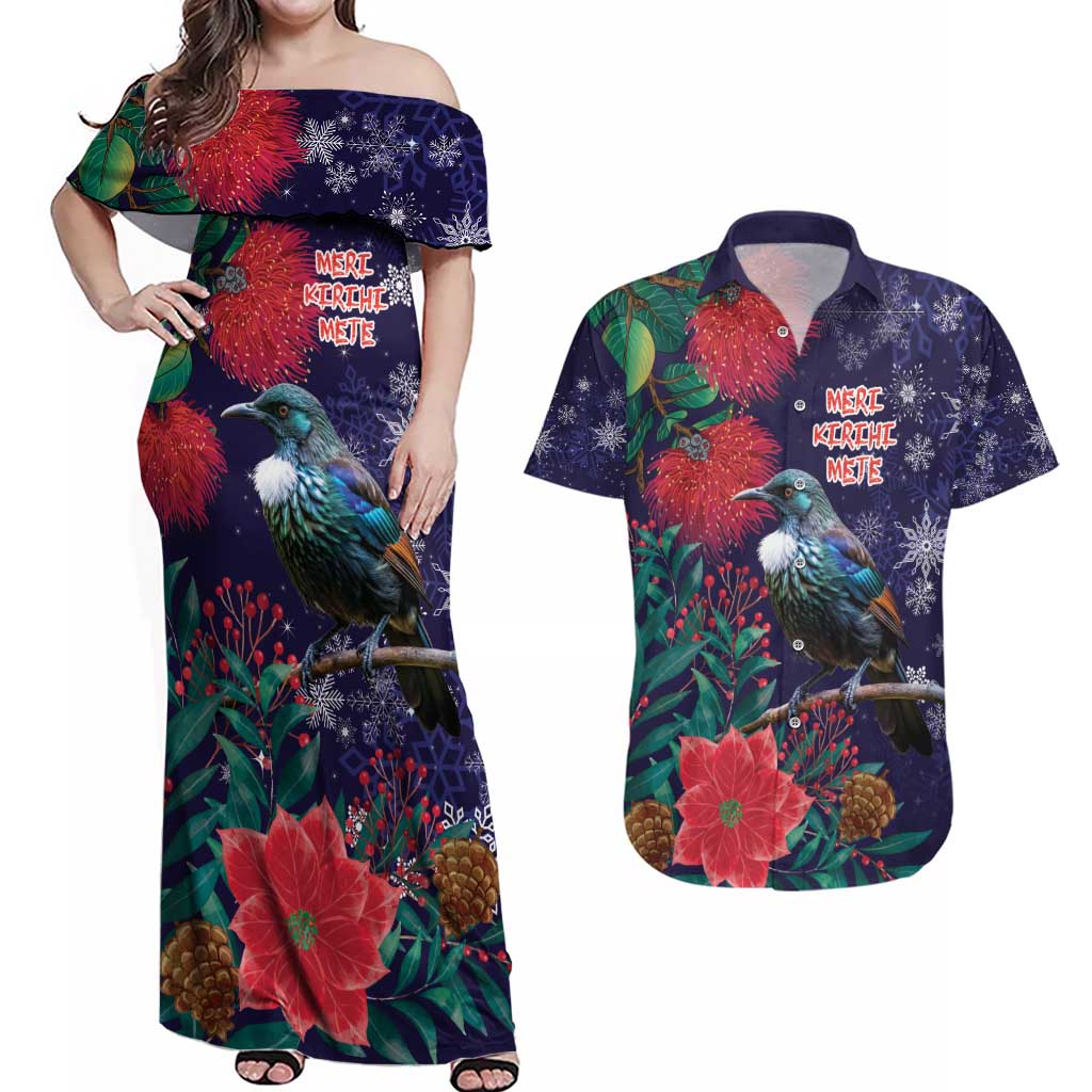 Tui Meri Kirihimete Personalised Couples Matching Off Shoulder Maxi Dress and Hawaiian Shirt Pohutukawa Flowers Blue Motif - Aussie Hoodie