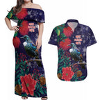 Tui Meri Kirihimete Personalised Couples Matching Off Shoulder Maxi Dress and Hawaiian Shirt Pohutukawa Flowers Blue Motif - Aussie Hoodie