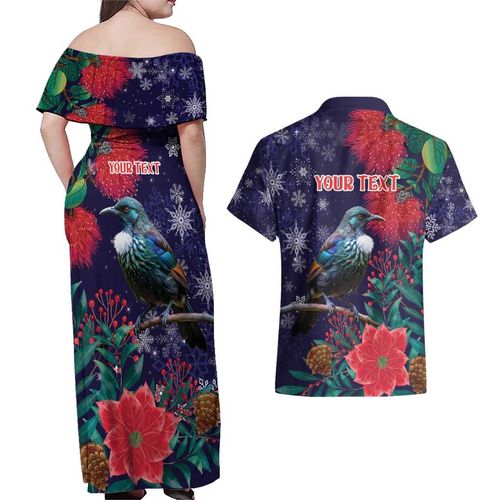 Tui Meri Kirihimete Personalised Couples Matching Off Shoulder Maxi Dress and Hawaiian Shirt Pohutukawa Flowers Blue Motif - Aussie Hoodie