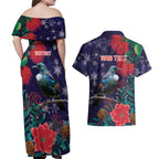 Tui Meri Kirihimete Personalised Couples Matching Off Shoulder Maxi Dress and Hawaiian Shirt Pohutukawa Flowers Blue Motif - Aussie Hoodie