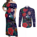 Tui Meri Kirihimete Personalised Couples Matching Off Shoulder Maxi Dress and Long Sleeve Button Shirt Pohutukawa Flowers Blue Motif - Aussie Hoodie