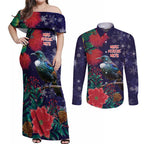 Tui Meri Kirihimete Personalised Couples Matching Off Shoulder Maxi Dress and Long Sleeve Button Shirt Pohutukawa Flowers Blue Motif - Aussie Hoodie