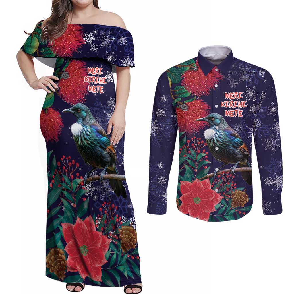 Tui Meri Kirihimete Personalised Couples Matching Off Shoulder Maxi Dress and Long Sleeve Button Shirt Pohutukawa Flowers Blue Motif - Aussie Hoodie