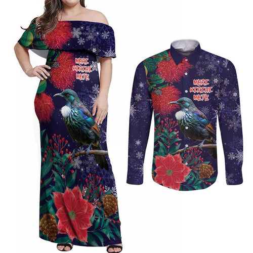 Tui Meri Kirihimete Personalised Couples Matching Off Shoulder Maxi Dress and Long Sleeve Button Shirt Pohutukawa Flowers Blue Motif - Aussie Hoodie