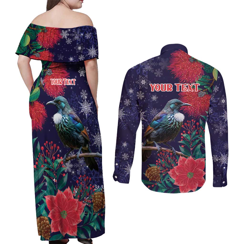 Tui Meri Kirihimete Personalised Couples Matching Off Shoulder Maxi Dress and Long Sleeve Button Shirt Pohutukawa Flowers Blue Motif - Aussie Hoodie