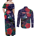 Tui Meri Kirihimete Personalised Couples Matching Off Shoulder Maxi Dress and Long Sleeve Button Shirt Pohutukawa Flowers Blue Motif - Aussie Hoodie