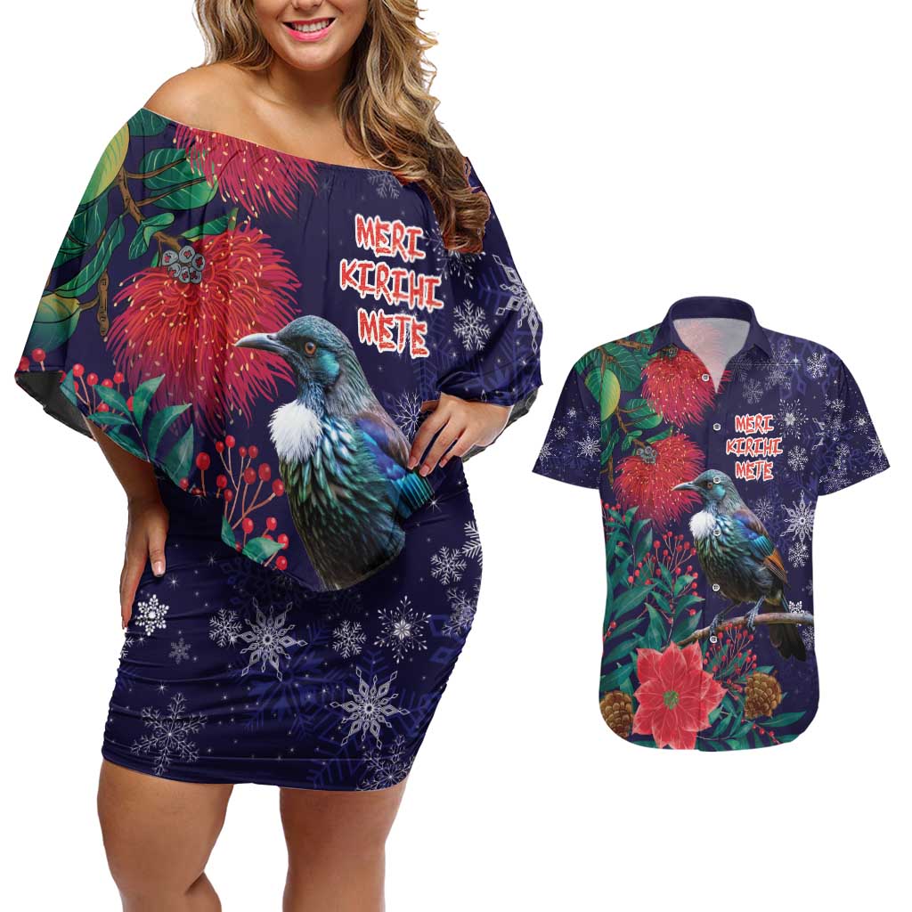 Tui Meri Kirihimete Personalised Couples Matching Off Shoulder Short Dress and Hawaiian Shirt Pohutukawa Flowers Blue Motif - Aussie Hoodie