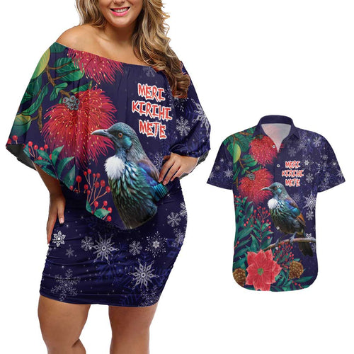 Tui Meri Kirihimete Personalised Couples Matching Off Shoulder Short Dress and Hawaiian Shirt Pohutukawa Flowers Blue Motif - Aussie Hoodie