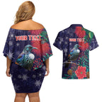 Tui Meri Kirihimete Personalised Couples Matching Off Shoulder Short Dress and Hawaiian Shirt Pohutukawa Flowers Blue Motif - Aussie Hoodie