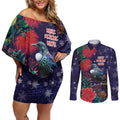 Tui Meri Kirihimete Personalised Couples Matching Off Shoulder Short Dress and Long Sleeve Button Shirt Pohutukawa Flowers Blue Motif - Aussie Hoodie