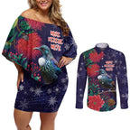 Tui Meri Kirihimete Personalised Couples Matching Off Shoulder Short Dress and Long Sleeve Button Shirt Pohutukawa Flowers Blue Motif - Aussie Hoodie