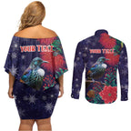 Tui Meri Kirihimete Personalised Couples Matching Off Shoulder Short Dress and Long Sleeve Button Shirt Pohutukawa Flowers Blue Motif - Aussie Hoodie